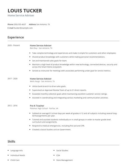 Home Service Adviser Resume