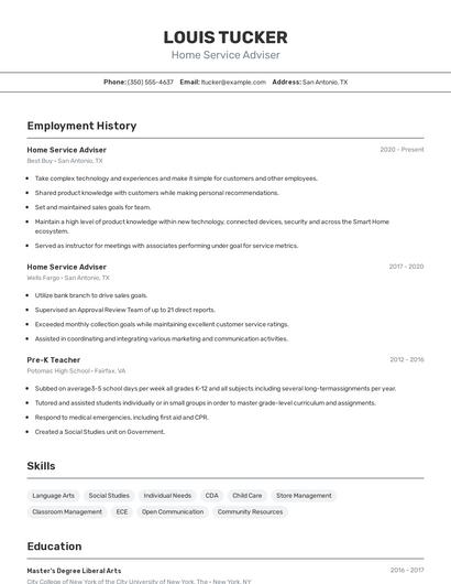 Home Service Adviser Resume