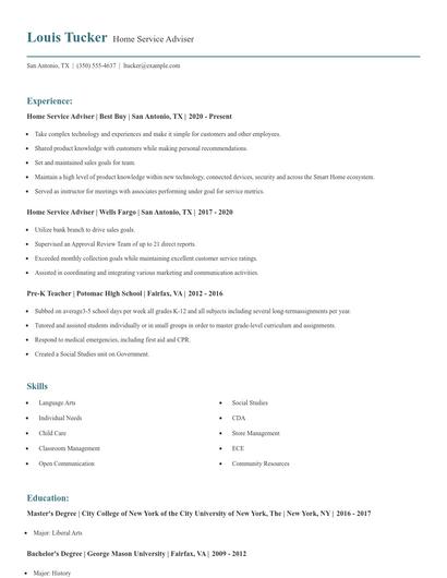 Home Service Adviser Resume