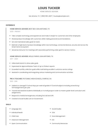 Home Service Adviser Resume