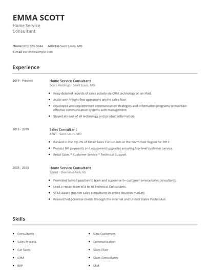 Home Service Consultant Resume