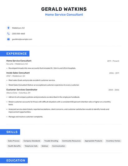 Home Service Consultant Resume