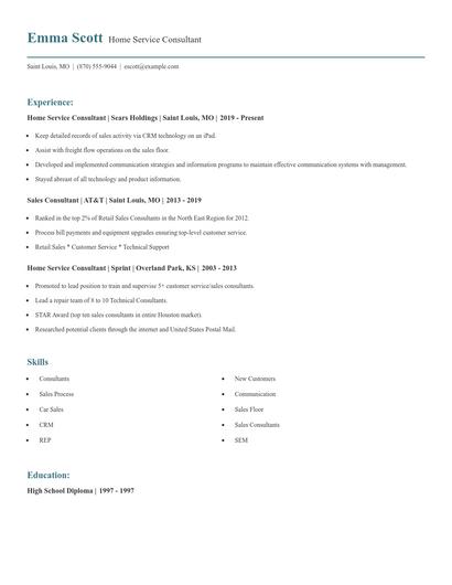 Home Service Consultant Resume