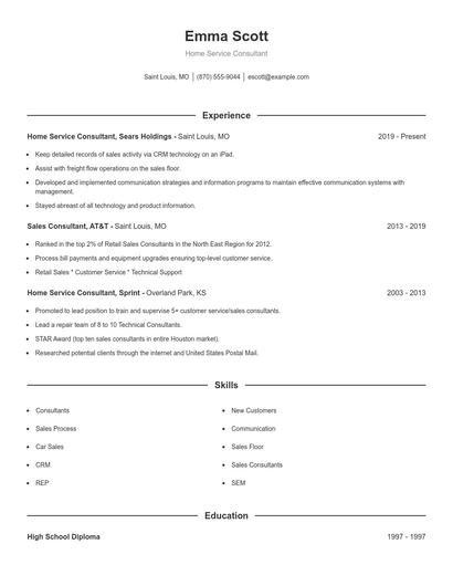Home Service Consultant Resume