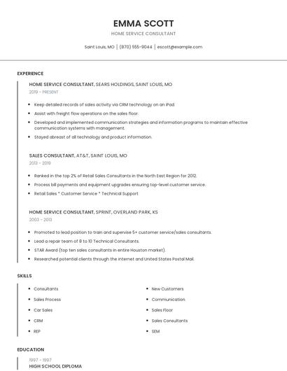 Home Service Consultant Resume