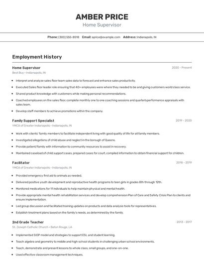 Home Supervisor Resume