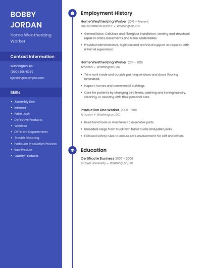 Home Weatherizing Worker Resume