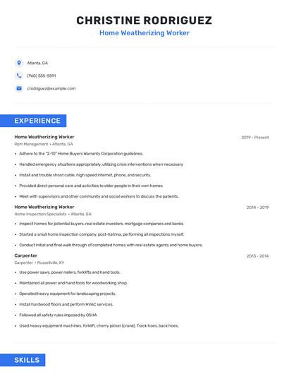 Home Weatherizing Worker Resume