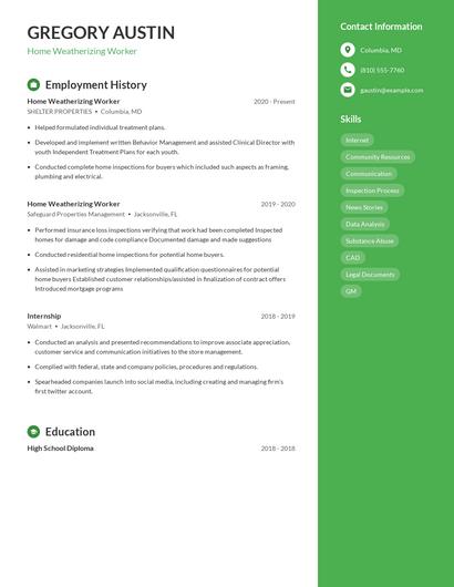 Home Weatherizing Worker Resume