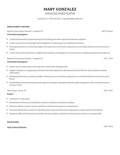 Homicide Investigator Resume
