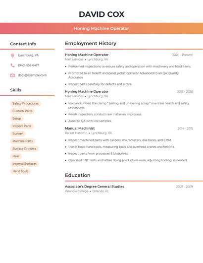 Honing Machine Operator Resume