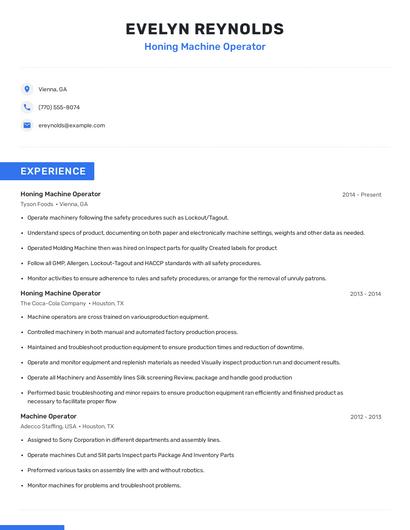 Honing Machine Operator Resume