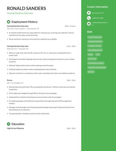 Honing Machine Operator Resume