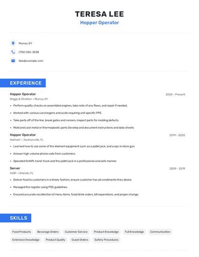 Hopper Operator Resume