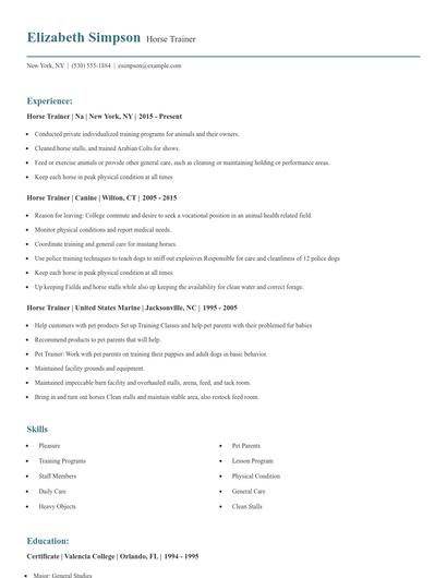 Horse Trainer Resume
