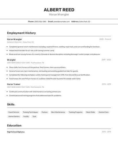 Horse Wrangler Resume