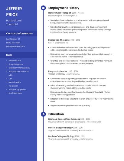 Horticultural Therapist Resume