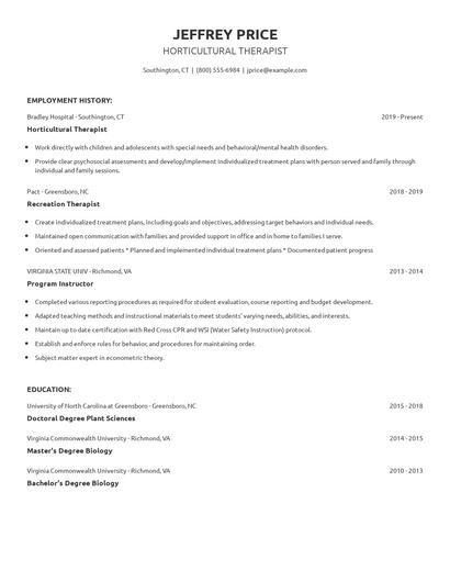 Horticultural Therapist Resume