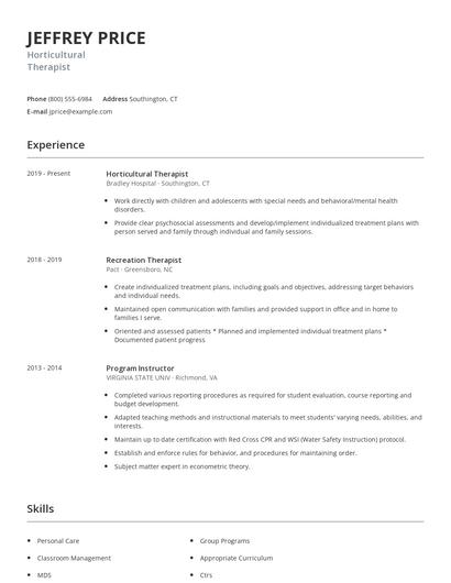 Horticultural Therapist Resume