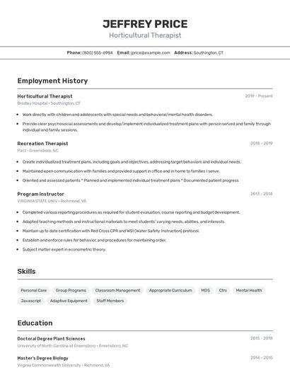 Horticultural Therapist Resume