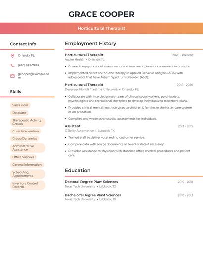 Horticultural Therapist Resume