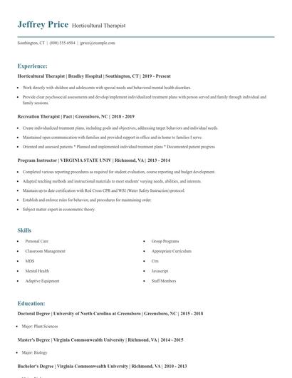 Horticultural Therapist Resume