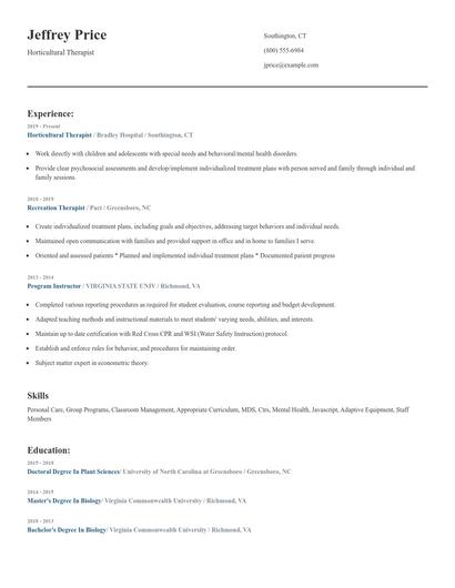 Horticultural Therapist Resume