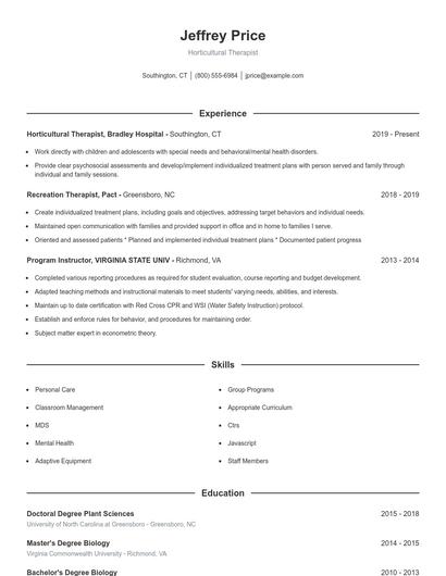 Horticultural Therapist Resume