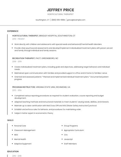 Horticultural Therapist Resume