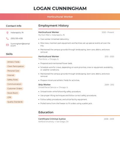 Horticultural Worker Resume