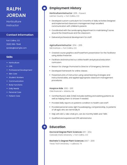 Horticulture Instructor Resume