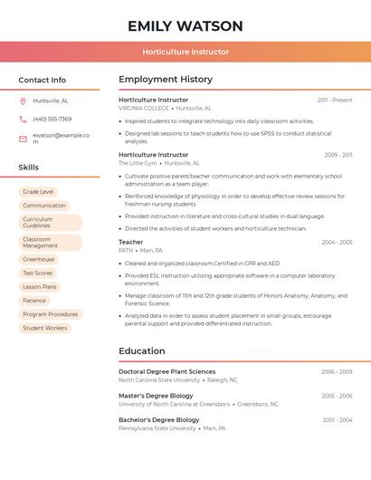 Horticulture Instructor Resume