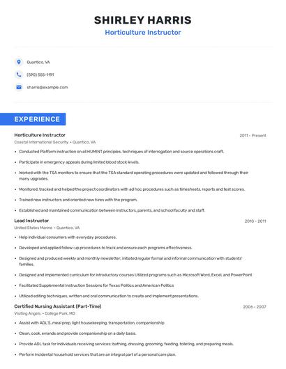 Horticulture Instructor Resume