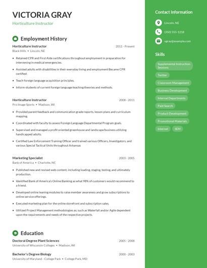 Horticulture Instructor Resume