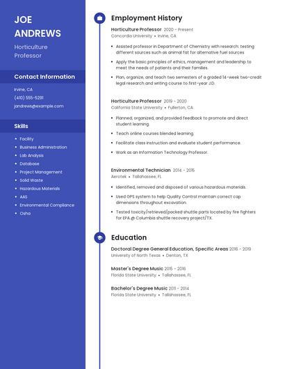 Horticulture Professor Resume