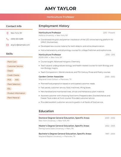 Horticulture Professor Resume