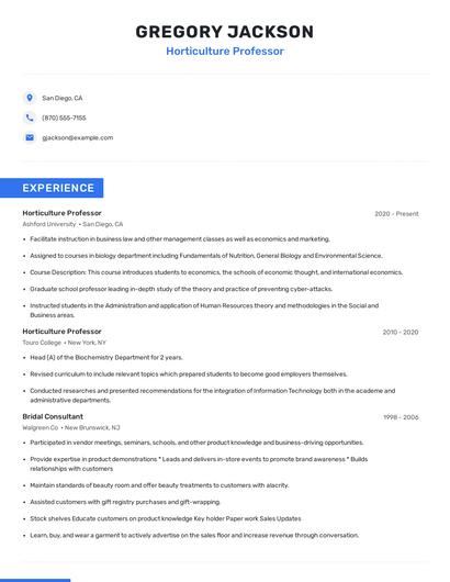 Horticulture Professor Resume