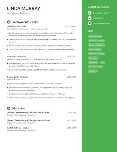 Horticulture Professor Resume