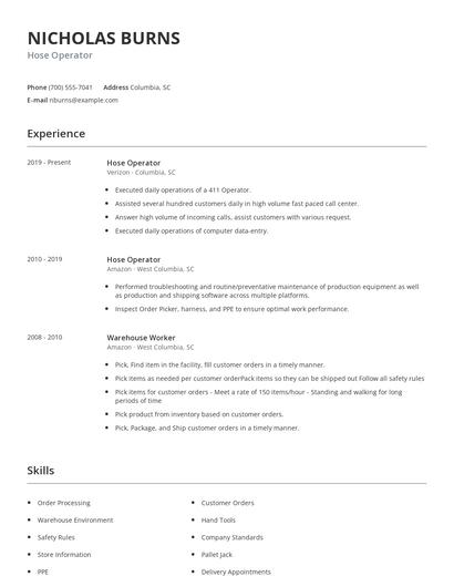 Hose Operator Resume