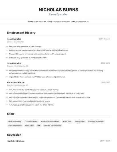 Hose Operator Resume