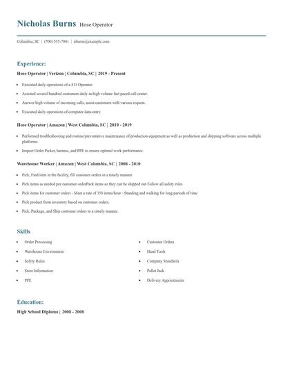Hose Operator Resume