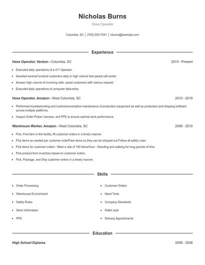 Hose Operator Resume