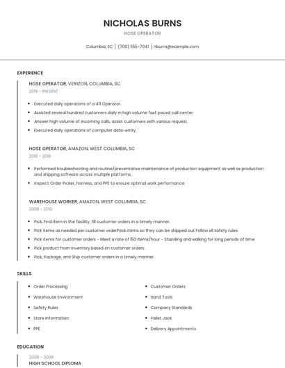 Hose Operator Resume