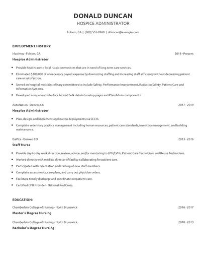 Hospice Administrator Resume