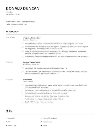 Hospice Administrator Resume