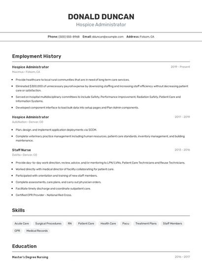 Hospice Administrator Resume