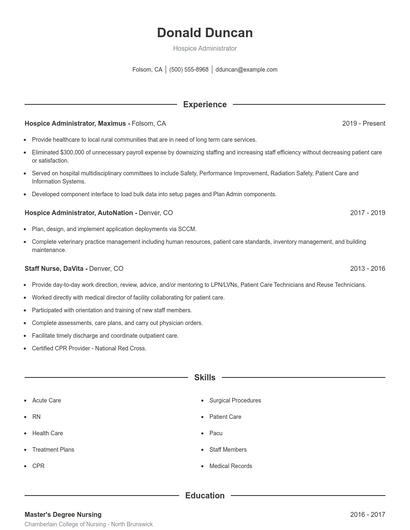 Hospice Administrator Resume