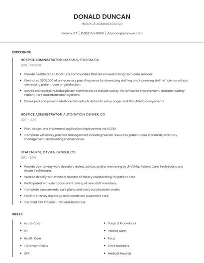 Hospice Administrator Resume