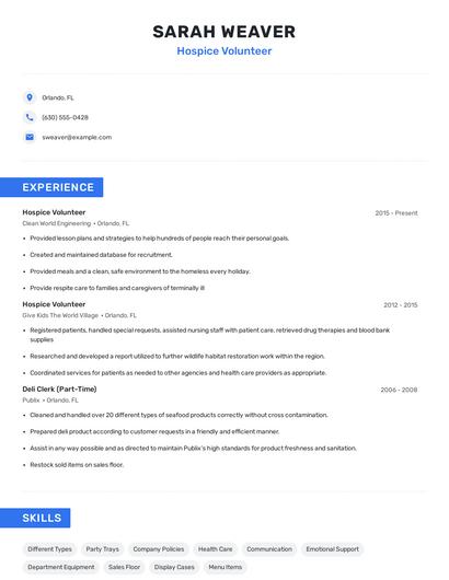 Hospice Volunteer Resume