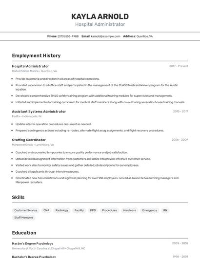 Hospital Administrator Resume